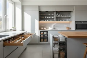 «نظم‌دهنده کشو و کابینت در آشپزخانه کوچک با طراحی مدرن و تقسیم‌بندی حرفه‌ای» 