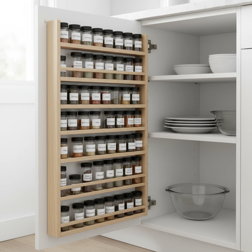نظم دهنده ادویه روی درب کابینت آشپزخانه 